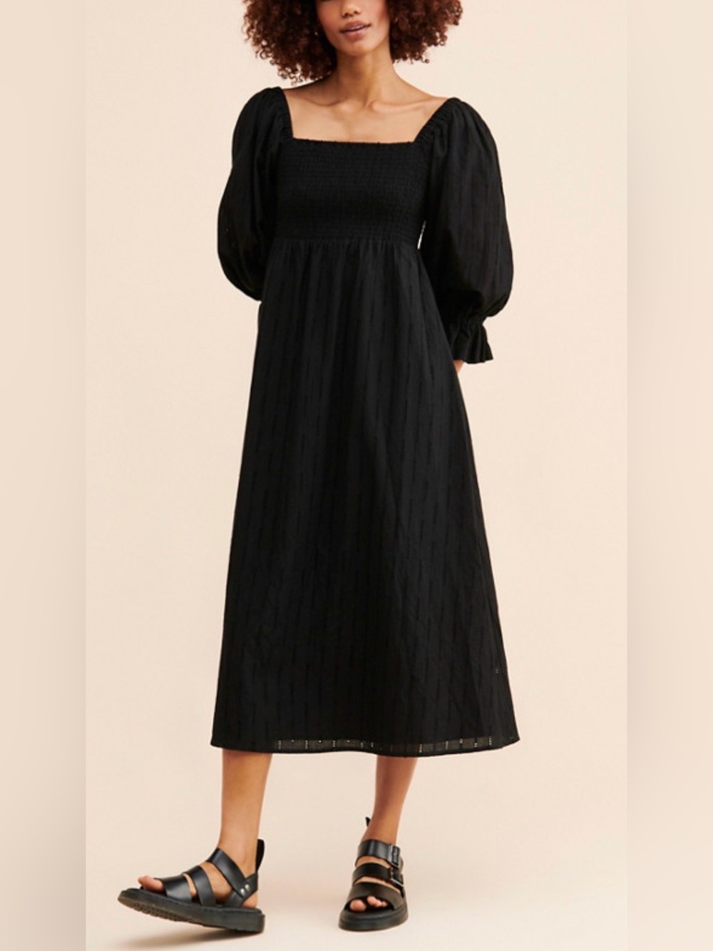 [Anthropologie] Hutch Black Cotton Eyelet Lace Puff Sleeve Midi Dress NWT Sz LP